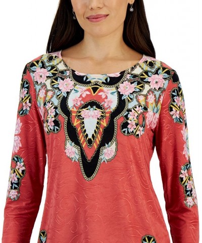 Women's Baroque Printed Jacquard 3/4-Sleeve Top Red $11.09 Tops