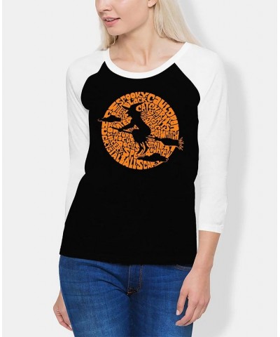 Women's Spooky Witch Raglan Word Art T-shirt Black and White $18.04 Tops