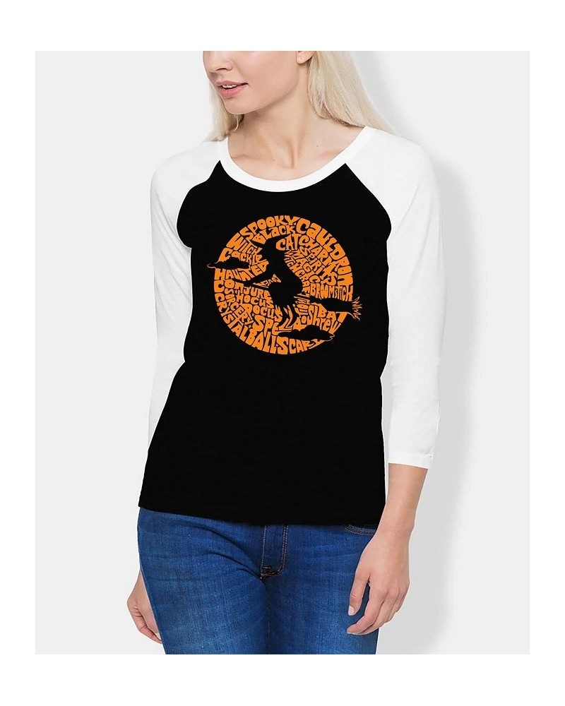 Women's Spooky Witch Raglan Word Art T-shirt Black and White $18.04 Tops