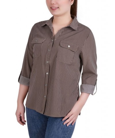 Petite 3/4 Sleeve Roll Tab Notch Collar Blouse Coffee Bean, Doeskin Torterella $11.11 Tops