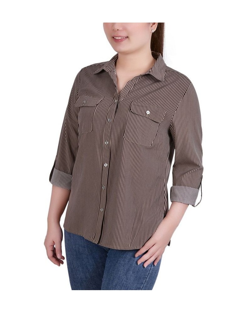 Petite 3/4 Sleeve Roll Tab Notch Collar Blouse Coffee Bean, Doeskin Torterella $11.11 Tops