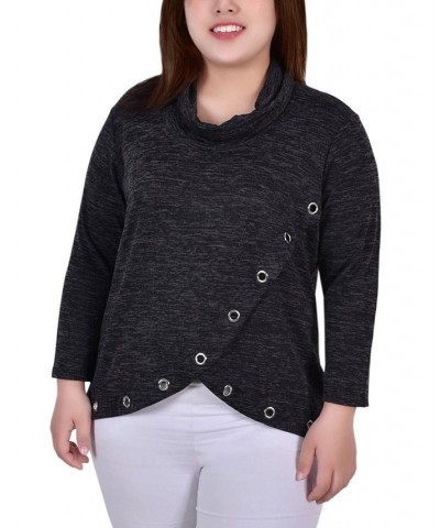 Plus Size Long Sleeve Crossover Top with Grommets Black $12.85 Tops