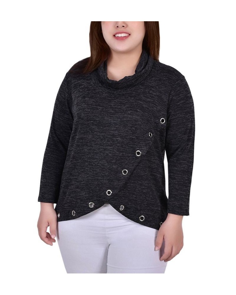 Plus Size Long Sleeve Crossover Top with Grommets Black $12.85 Tops