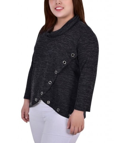 Plus Size Long Sleeve Crossover Top with Grommets Black $12.85 Tops