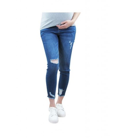 Jagged Hem Destructed Maternity Jean with Belly Band Blue $18.58 Jeans