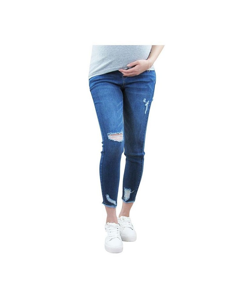 Jagged Hem Destructed Maternity Jean with Belly Band Blue $18.58 Jeans