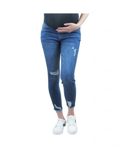 Jagged Hem Destructed Maternity Jean with Belly Band Blue $18.58 Jeans