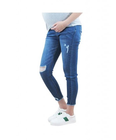 Jagged Hem Destructed Maternity Jean with Belly Band Blue $18.58 Jeans