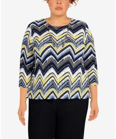 Plus Size Bright Idea Three-Quarter Length Zig Zag Top with Necklace Multi $34.55 Tops