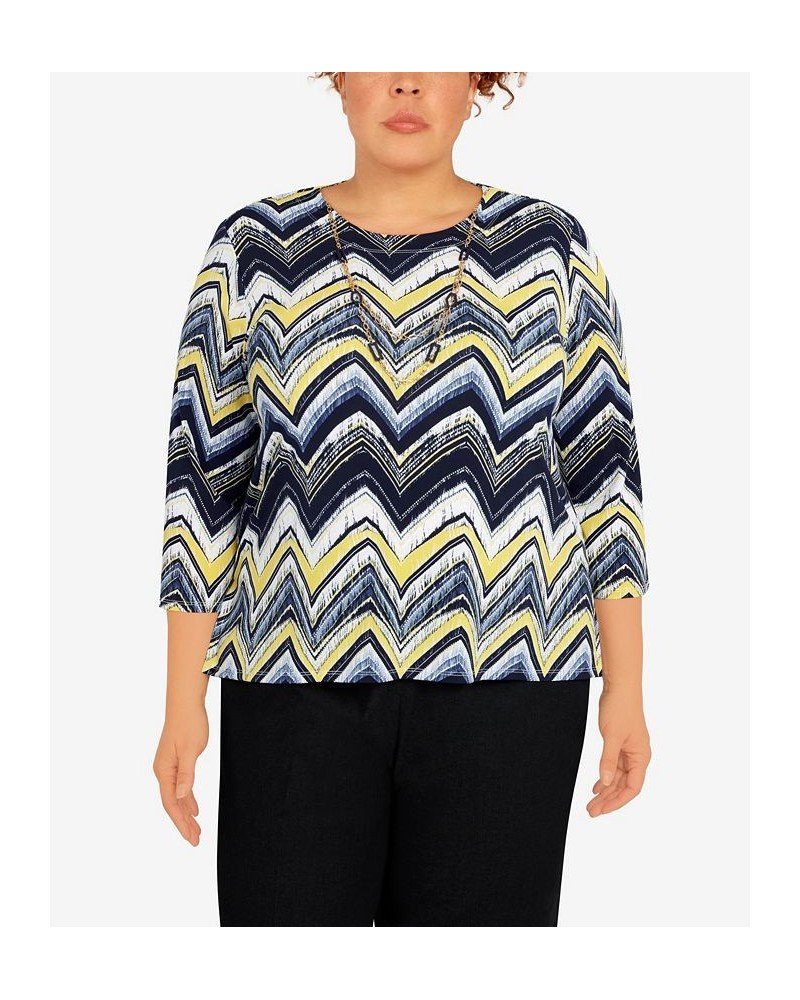 Plus Size Bright Idea Three-Quarter Length Zig Zag Top with Necklace Multi $34.55 Tops