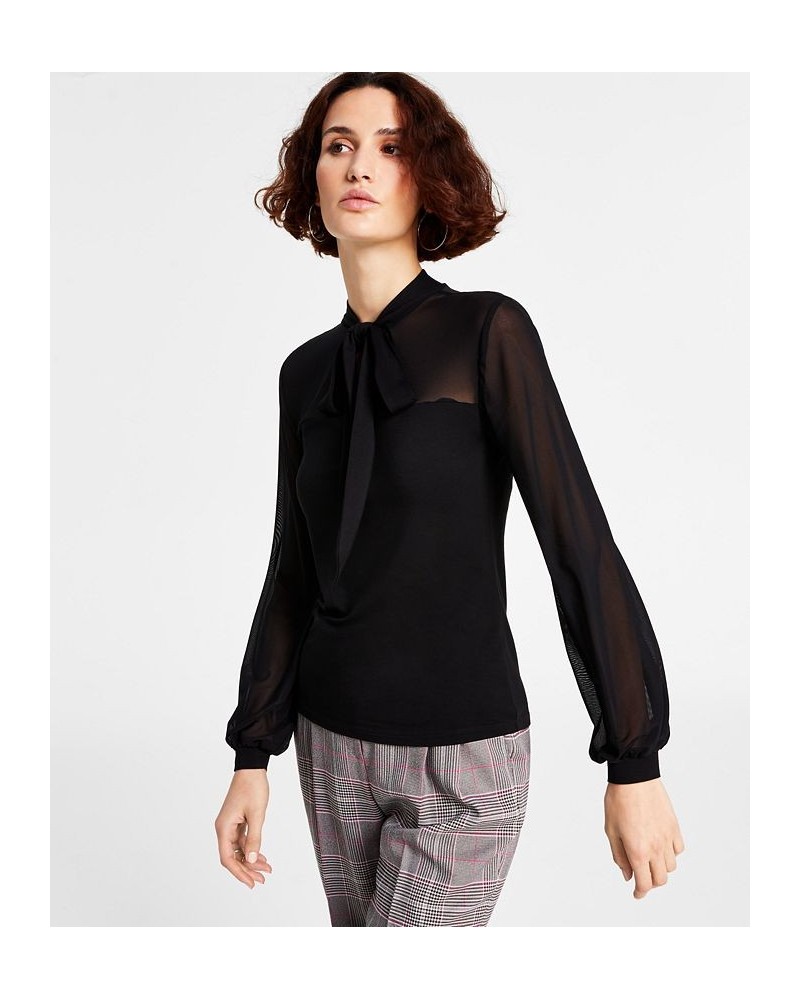 Women's Tie-Neck Mesh-Sleeve Top Black $32.14 Tops