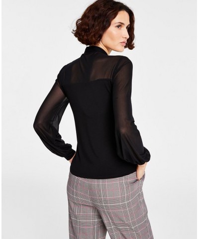 Women's Tie-Neck Mesh-Sleeve Top Black $32.14 Tops