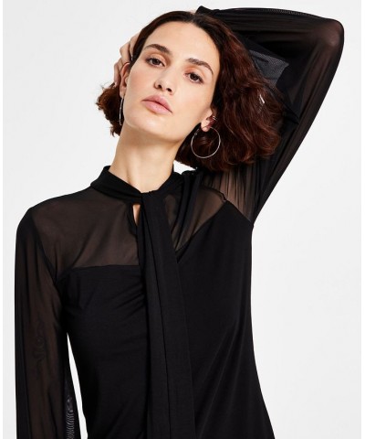 Women's Tie-Neck Mesh-Sleeve Top Black $32.14 Tops