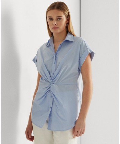 Women's Twist-Front Cotton Short-Sleeve Shirt Pebble Blue $48.18 Tops