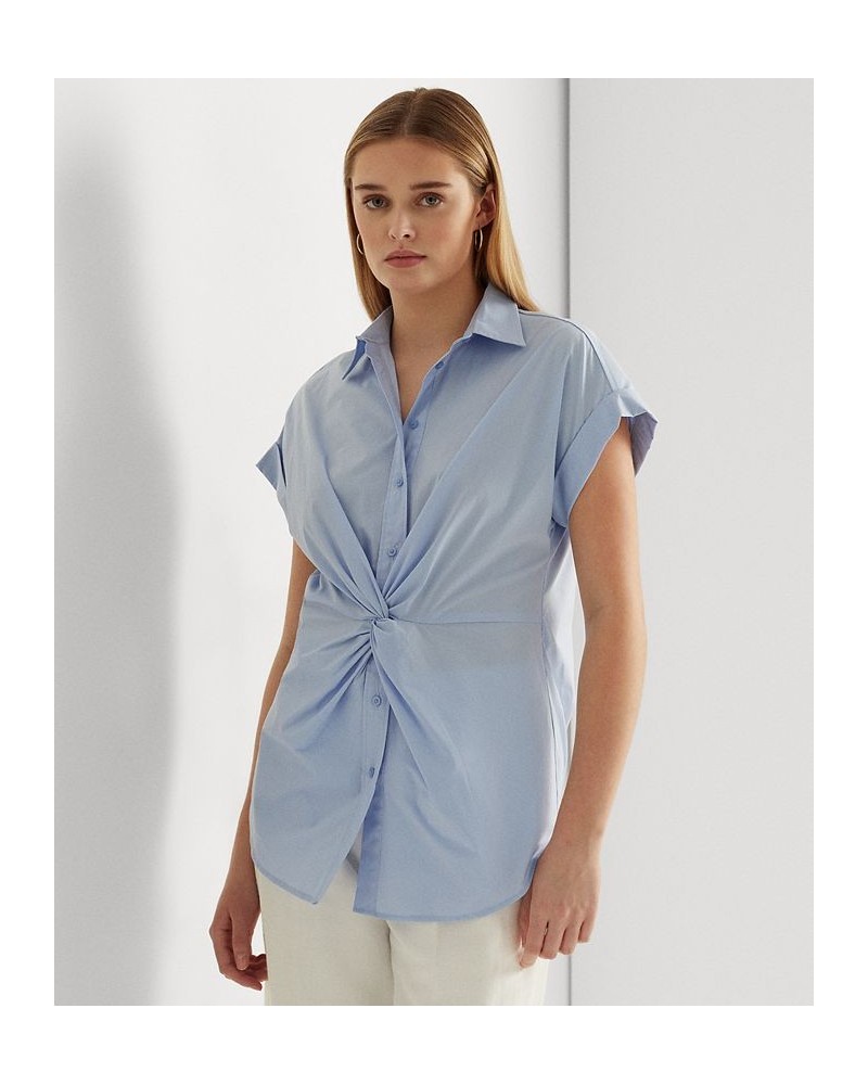 Women's Twist-Front Cotton Short-Sleeve Shirt Pebble Blue $48.18 Tops