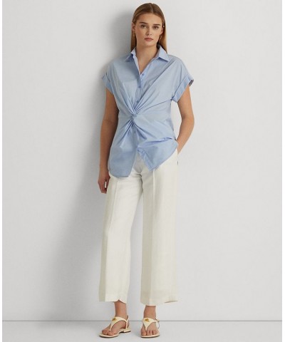 Women's Twist-Front Cotton Short-Sleeve Shirt Pebble Blue $48.18 Tops