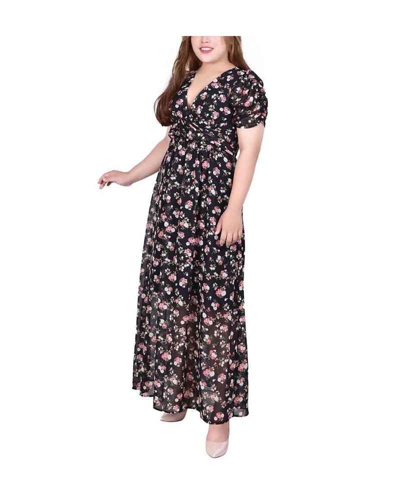 Plus Size Short Sleeve Rouched Bodice Chiffon Maxi Dress Black, Red, White $17.00 Dresses