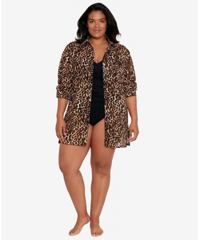 Plus Size Cotton Leopard-Print Camp Shirt Cover-Up Leopard $47.85 Swimsuits