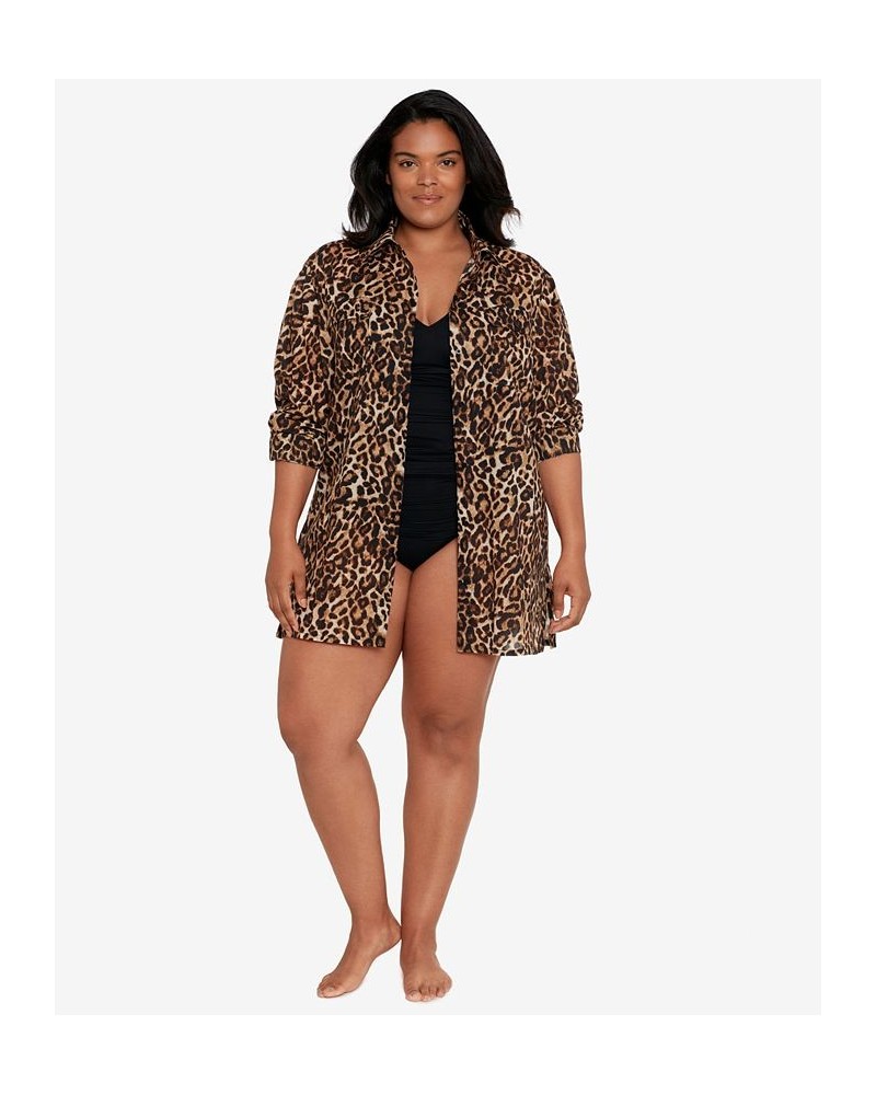 Plus Size Cotton Leopard-Print Camp Shirt Cover-Up Leopard $47.85 Swimsuits