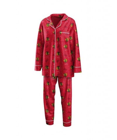 Women's Red Chicago Blackhawks Long Sleeve Button-Up Shirt Pants Sleep Set Red $33.60 Pajama