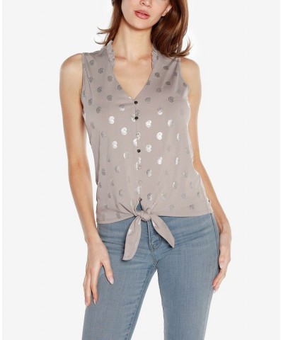 Black Label Women's Paisley Print Tie Front Sleeveless Top Pearl Gray,Silver $40.80 Tops