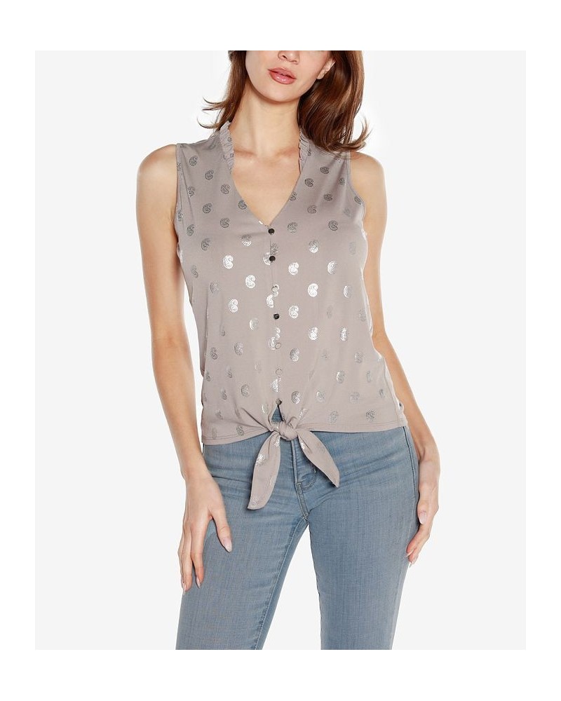 Black Label Women's Paisley Print Tie Front Sleeveless Top Pearl Gray,Silver $40.80 Tops