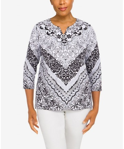 Women's Classics Split Neck Chevron Scroll 3/4 Sleeve Top Black, White $25.80 Tops