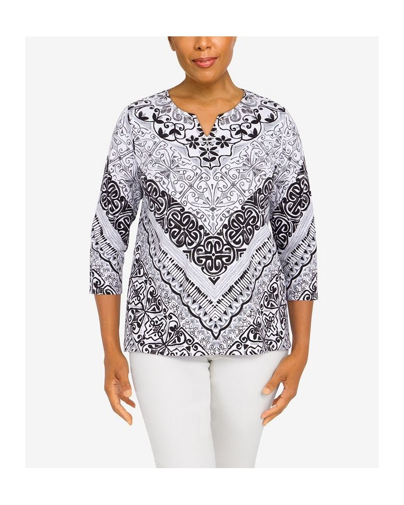 Women's Classics Split Neck Chevron Scroll 3/4 Sleeve Top Black, White $25.80 Tops