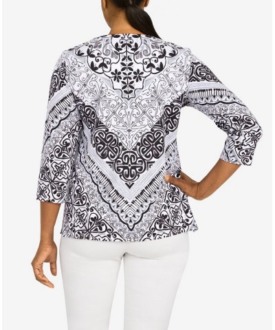 Women's Classics Split Neck Chevron Scroll 3/4 Sleeve Top Black, White $25.80 Tops