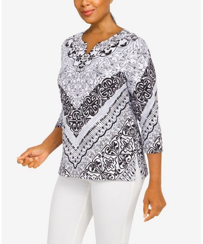 Women's Classics Split Neck Chevron Scroll 3/4 Sleeve Top Black, White $25.80 Tops