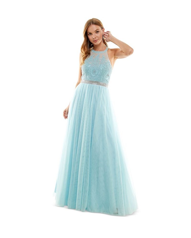 Juniors' Embroidered Tulle Gown Vintage Blue $92.61 Dresses