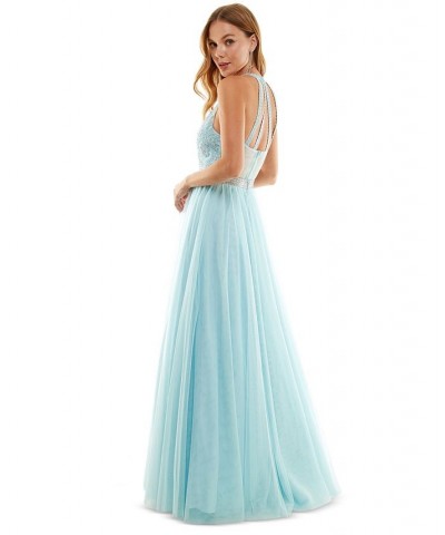 Juniors' Embroidered Tulle Gown Vintage Blue $92.61 Dresses