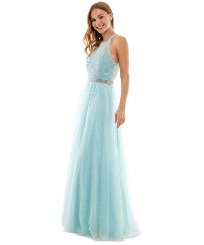 Juniors' Embroidered Tulle Gown Vintage Blue $92.61 Dresses