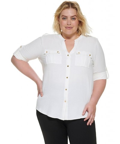 Plus Size Textured Roll Tab Button Down Shirt White $28.74 Tops