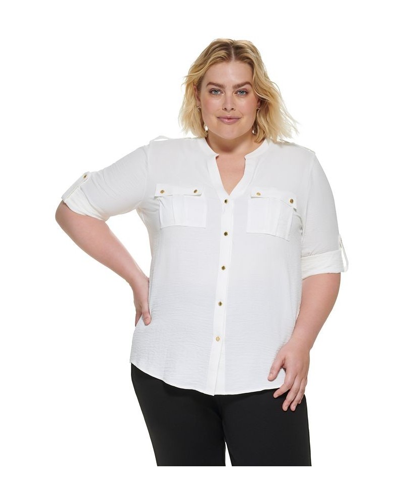 Plus Size Textured Roll Tab Button Down Shirt White $28.74 Tops