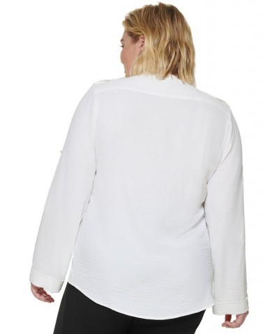 Plus Size Textured Roll Tab Button Down Shirt White $28.74 Tops