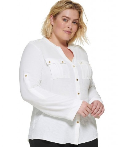 Plus Size Textured Roll Tab Button Down Shirt White $28.74 Tops