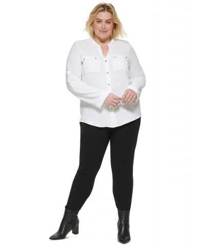 Plus Size Textured Roll Tab Button Down Shirt White $28.74 Tops