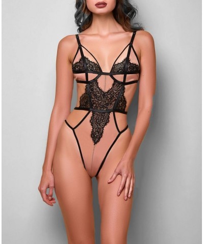 Lara Lace Overlay on Nude Mesh Lingerie Bodysuit nude-black $32.90 Lingerie
