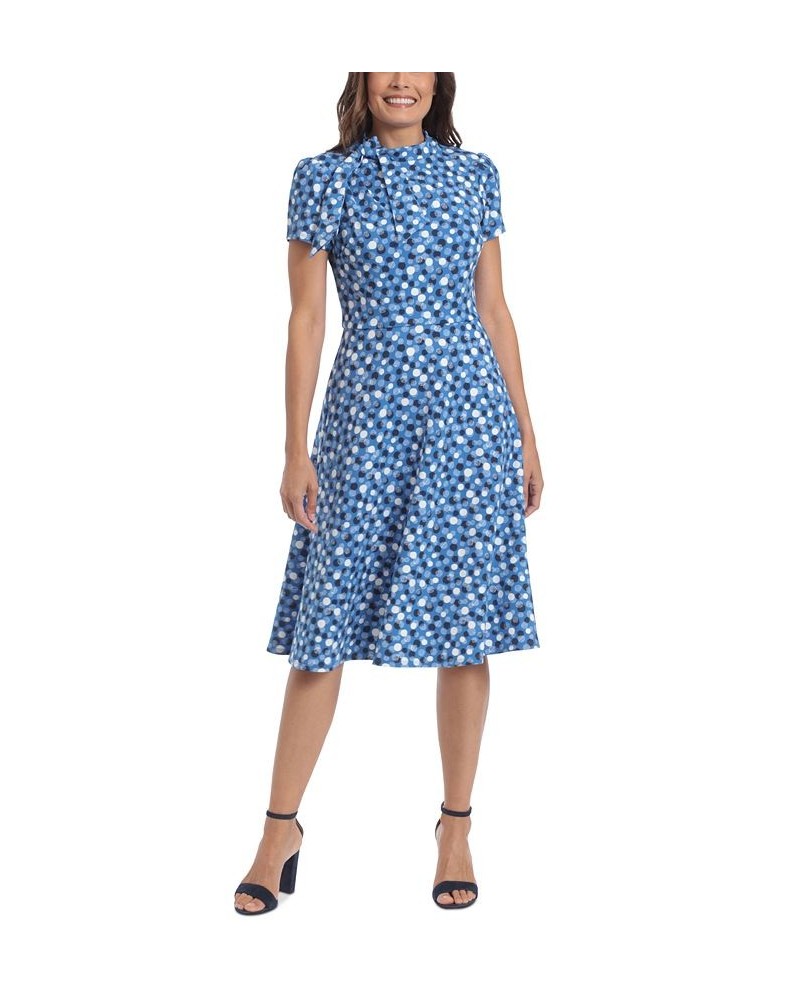 Women's Dot Print Tie-Neck Fit & Flare Dress Chambray $33.79 Dresses