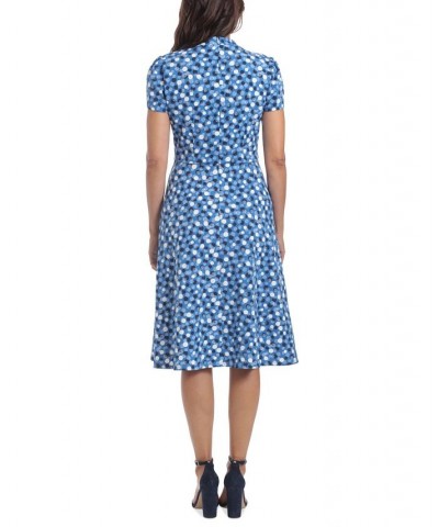 Women's Dot Print Tie-Neck Fit & Flare Dress Chambray $33.79 Dresses