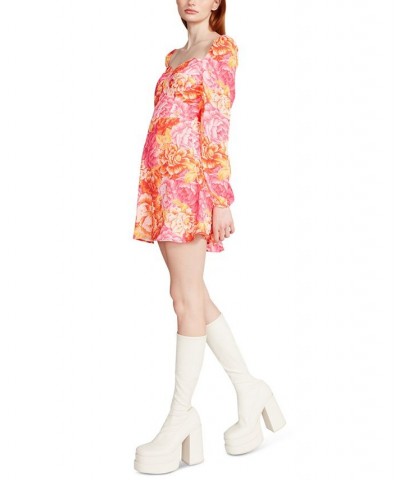 Women's Nicole Printed Sweetheart-Neck Mini Dress Pink Yellow $21.59 Dresses