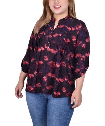 Plus Size 3/4 Roll Tab Sleeve Y-Neck Top Red Milafl $13.14 Tops