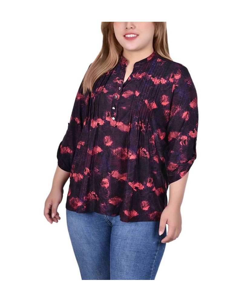 Plus Size 3/4 Roll Tab Sleeve Y-Neck Top Red Milafl $13.14 Tops