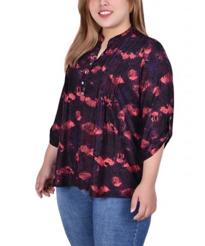 Plus Size 3/4 Roll Tab Sleeve Y-Neck Top Red Milafl $13.14 Tops