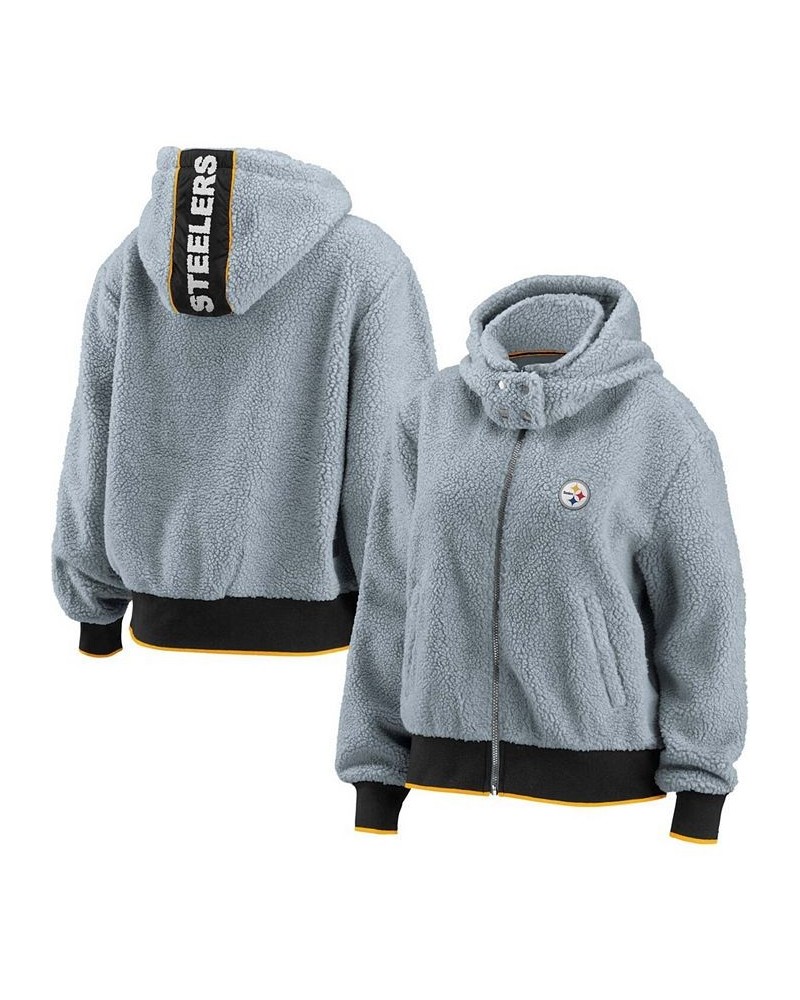 Women's Gray Pittsburgh Steelers Sherpa Full-Zip Hoodie Jacket Gray $51.99 Jackets