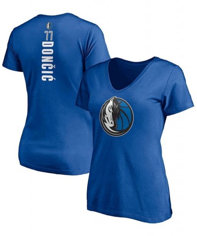 Women's Luka Doncic Blue Dallas Mavericks Playmaker Logo Name Number V-Neck T-shirt Blue $15.17 Tops