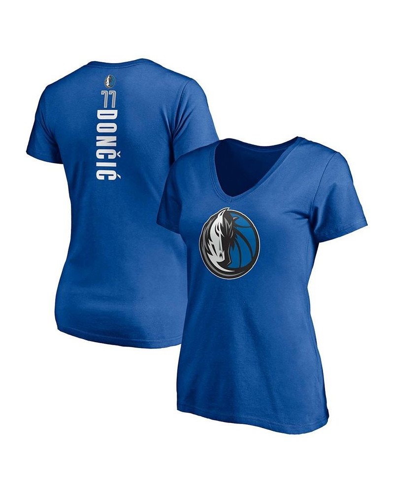 Women's Luka Doncic Blue Dallas Mavericks Playmaker Logo Name Number V-Neck T-shirt Blue $15.17 Tops