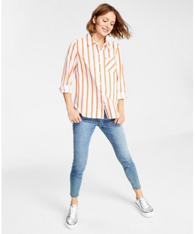 Women's Cotton Striped Roll-Tab Shirt Swim Stripe- Bright White/mandarin $23.84 Tops