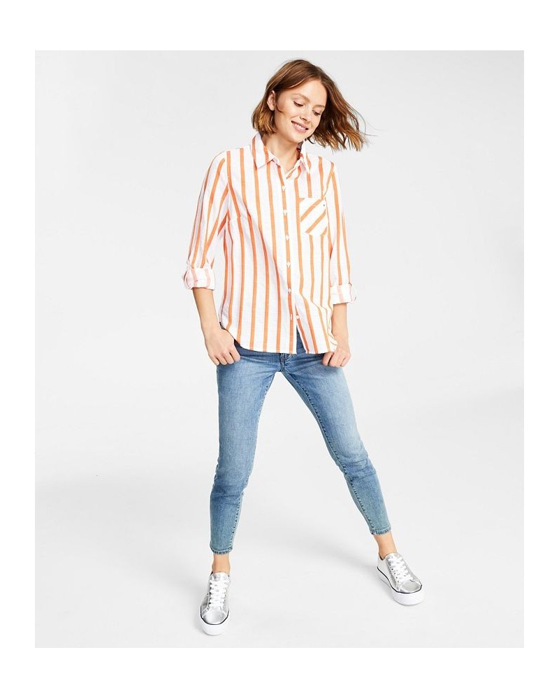 Women's Cotton Striped Roll-Tab Shirt Swim Stripe- Bright White/mandarin $23.84 Tops